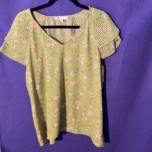DR2 Light Green Floral V-Neck Pleated Flutter Sleeve Top